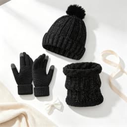 3Pcs Winter Knitted Beanie Hat Scarf Gloves Set Fleece Lined Pom Pom Hat Touchscreen Gloves Neck Warmer for Women Men Outdoor