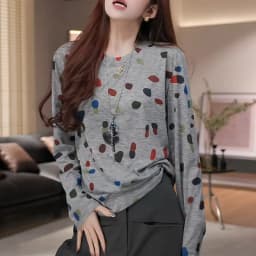 Spring Autumn plus Size Grey Polka Dot round Neck Long Sleeve Women's T-shirt Loose Fit Inner Wear Three Piece Set
