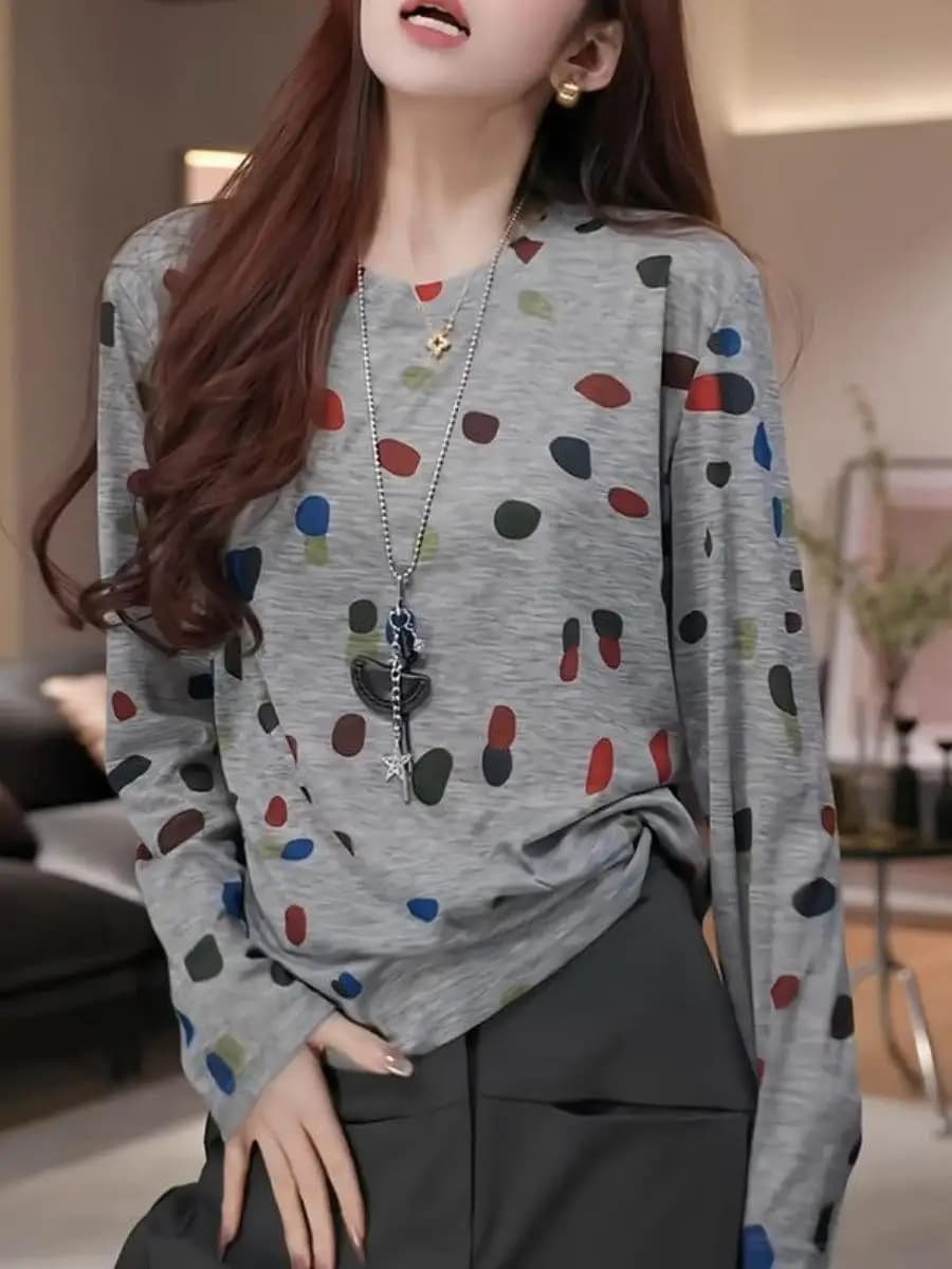 Spring Autumn plus Size Grey Polka Dot round Neck Long Sleeve Women's T-shirt Loose Fit Inner Wear Three Piece Set