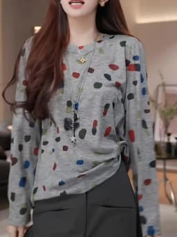 Spring Autumn plus Size Grey Polka Dot round Neck Long Sleeve Women's T-shirt Loose Fit Inner Wear Three Piece Set