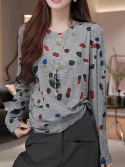Spring Autumn plus Size Grey Polka Dot round Neck Long Sleeve Women's T-shirt Loose Fit Inner Wear Three Piece Set