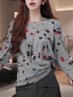 Spring Autumn plus Size Grey Polka Dot round Neck Long Sleeve Women's T-shirt Loose Fit Inner Wear Three Piece Set