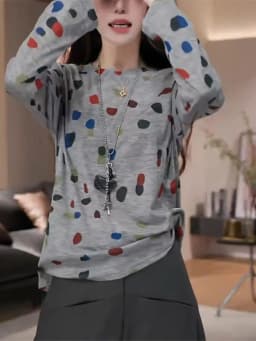 Spring Autumn plus Size Grey Polka Dot round Neck Long Sleeve Women's T-shirt Loose Fit Inner Wear Three Piece Set