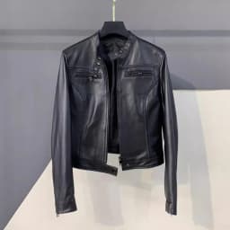Autumn Fashion Genuine Leather Women Short Jacket Stand Collar Zipper Coat Top Work Lady Slim Fit Jackets Casual Black Outerwear