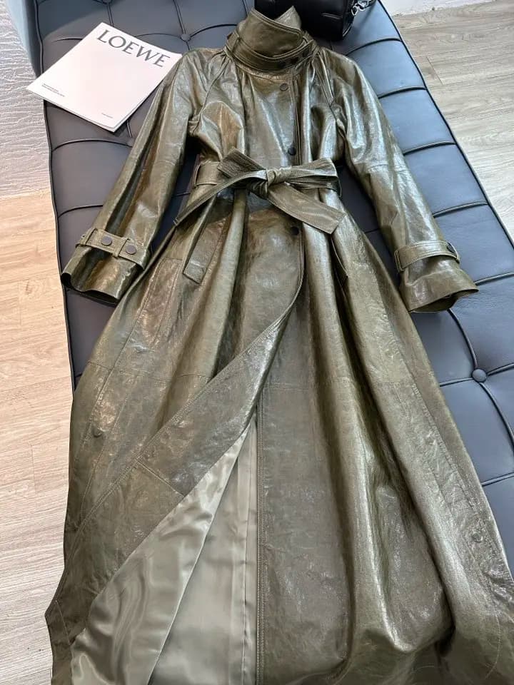 French Style Women Sheepskin Leather Long Sleeve Lace-up Trench Jacket Fashion Lady Lapel Single Breasted Long Coat 2026 Autumn