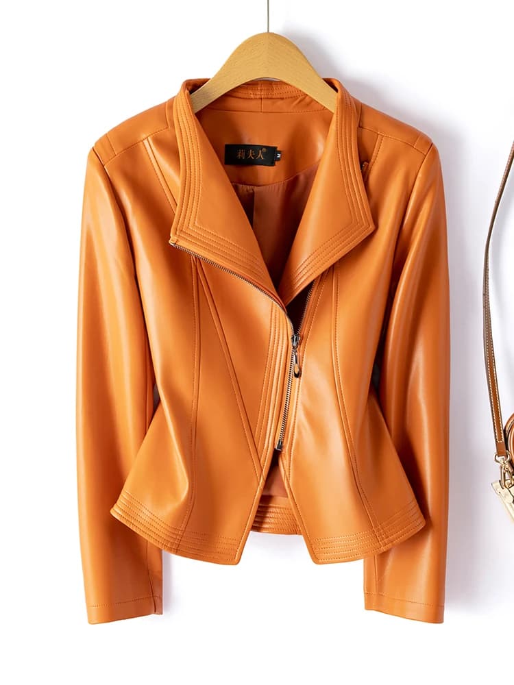 Fashionable Short Genuine Sheepskin Jacket Women's Korean Style Spring Autumn New Suit Collar Coat Breathable High Gloss