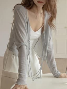 Gray Summer Women's Sun Protection Open Cardigan Lightweight See-through Wrap Shirt Belted Pocket Handkerchief Business Style