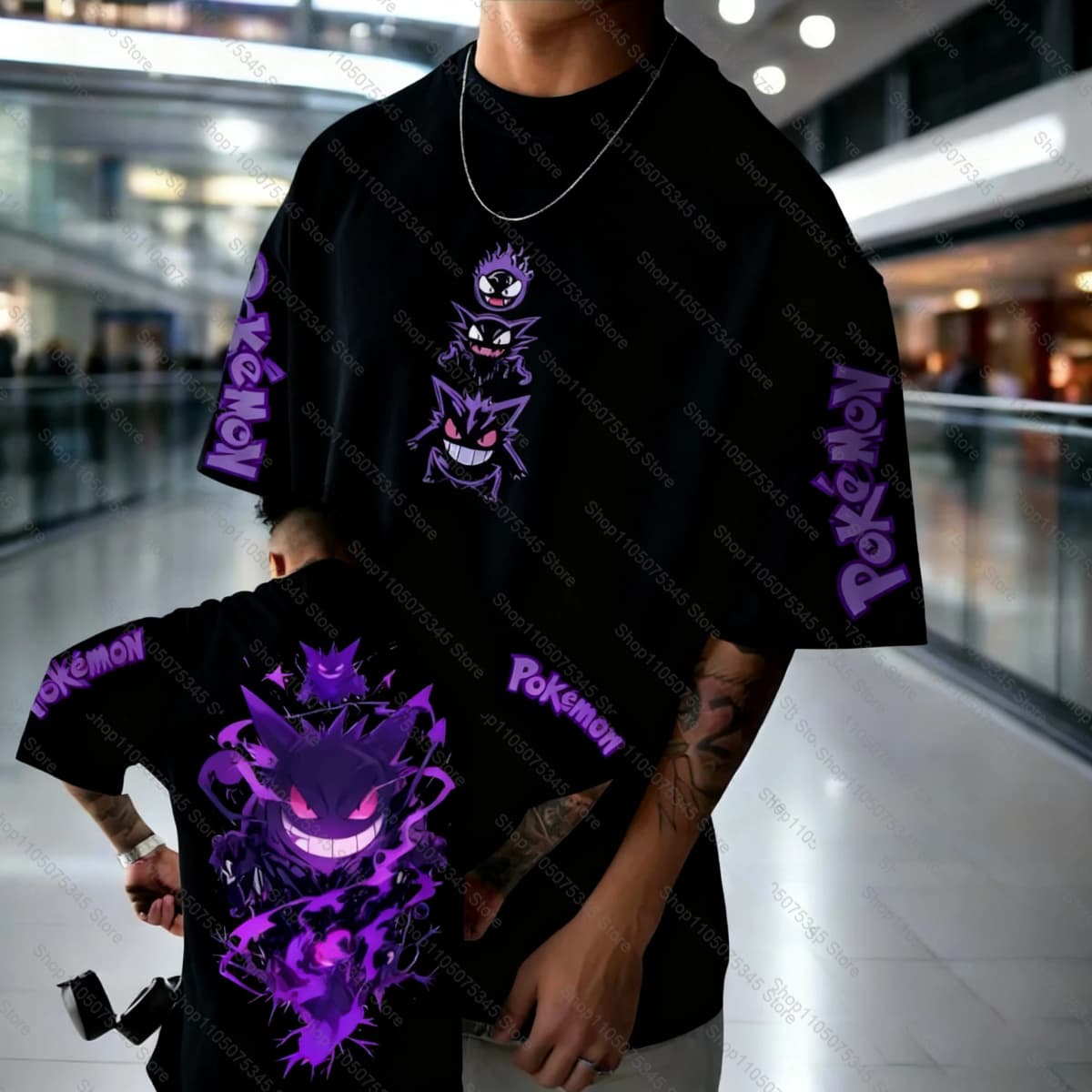 Pokémon Animation Derivatives Gengar Printing T-shirt Men's and Women's Summer Oversize Loose Cotton Street Trend Brand Top