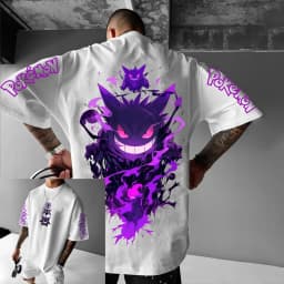 Pokémon Animation Derivatives Gengar Printing T-shirt Men's and Women's Summer Oversize Loose Cotton Street Trend Brand Top