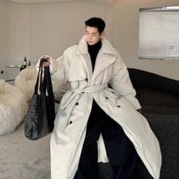 Fashionable Down Cotton-Padded Jacket Men's Trendy Winter Thickened Warm High-End Lace-up Long Overknee Long Sleeve Coats