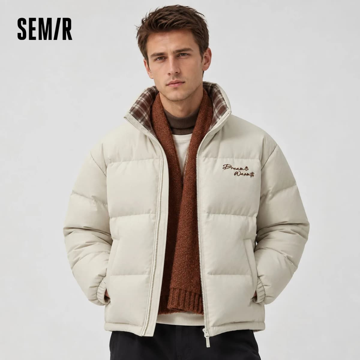 Semir Men Down Jacket 90 Percent Down Fill Plaid Loose Fit Stand Collar Modern Style 2026 New Winter Daily Wear