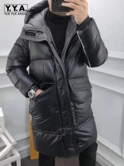 New Winter Mens Thicken Warm Medium Long Hooded Down Coat Stand Collar Zipper Fashion Casual Jacket Male High Street Overcoat