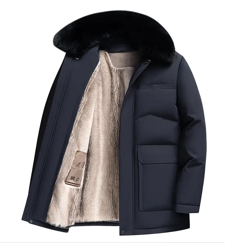 Men Mid Length Thicken Jacket Detachable Fur Hood Warm Coat Business Style for Middle Aged Dad Outdoor Parka