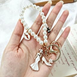 New Imitation Pearl Keychain Elegant Lady Beaded Dress Lipstick High Heel Model Charms Bag Pendant Women Accessory Keyring Gift