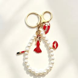 New Imitation Pearl Keychain Elegant Lady Beaded Dress Lipstick High Heel Model Charms Bag Pendant Women Accessory Keyring Gift