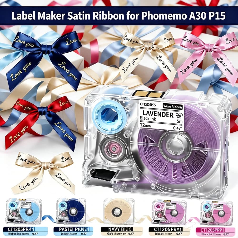 Phomemo A30 P15 Exclusive Embellish Black Print on Purple Satin Ribbon, Fabric Ribbons for Gift Wrapping,Wedding Bouquets, DIY