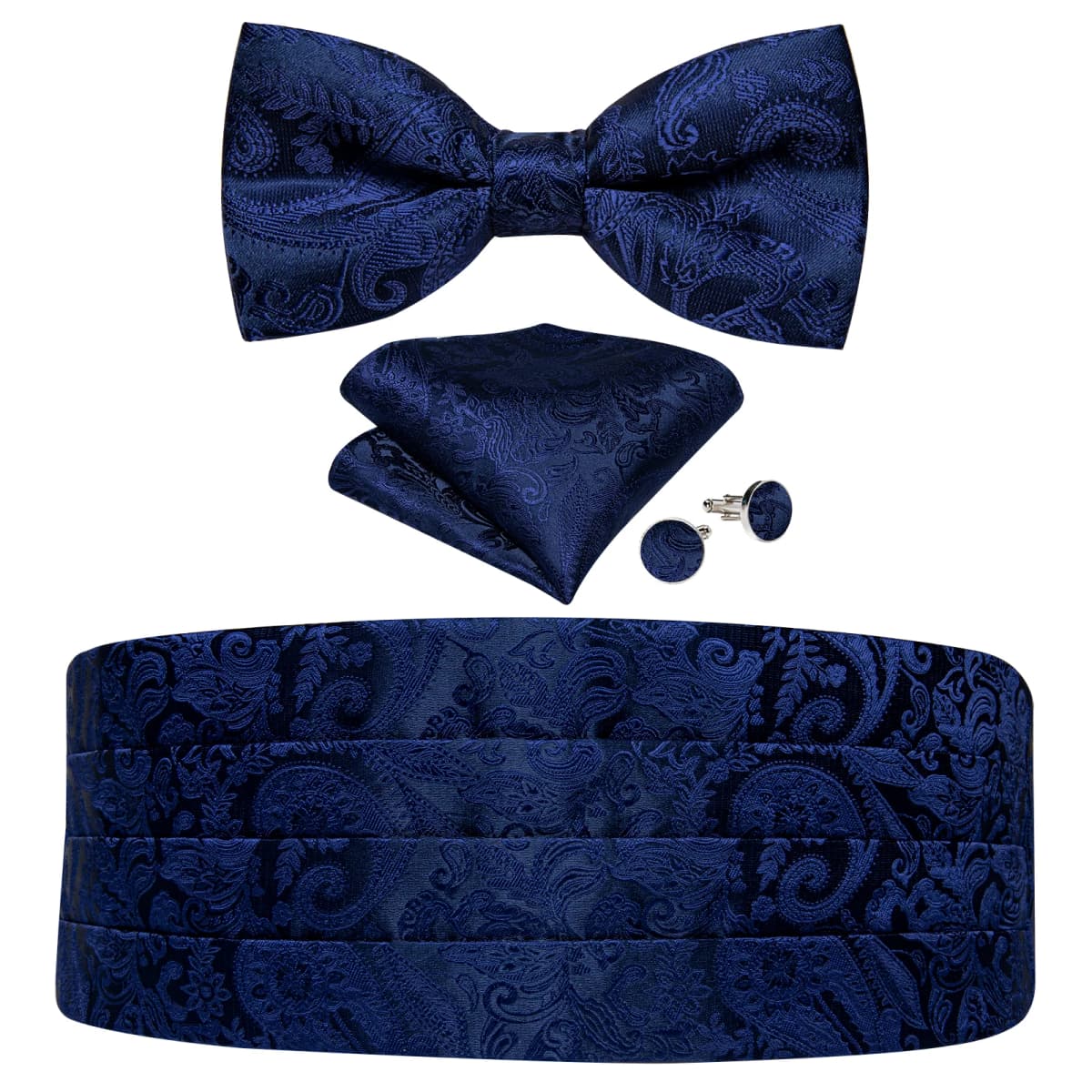 Mens Paisley Cummerbund 4pcs Set, Bow Tie Pocket Square Cufflinks Included, Ideal For Groom Wedding Banquet Formal Occasions