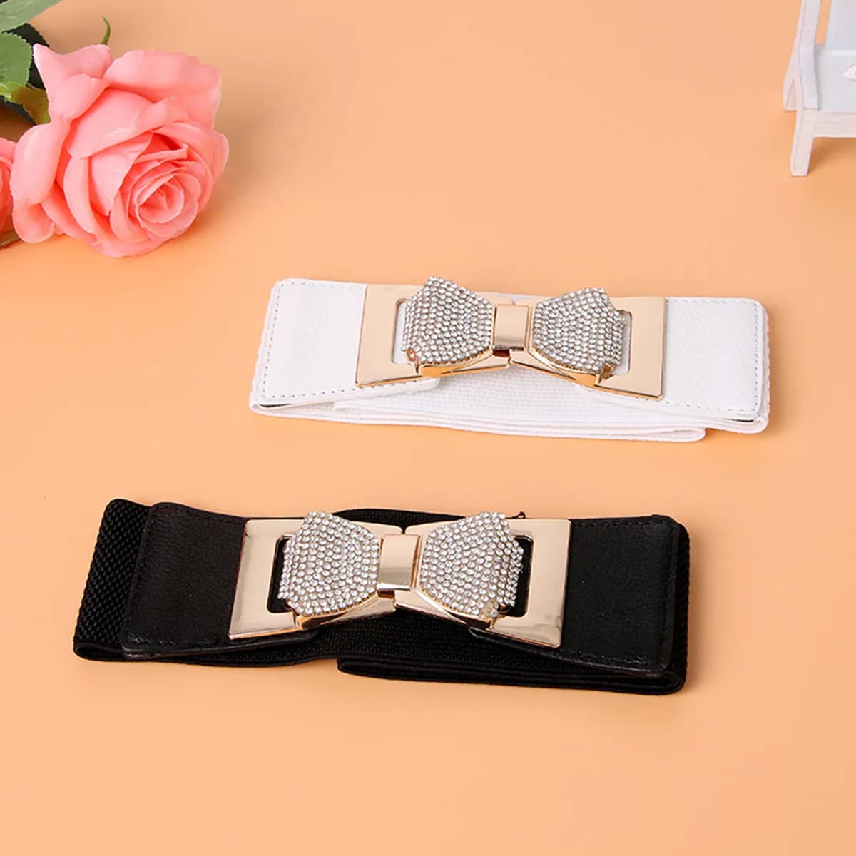 Elegant Wide Waistband with Rhinestone Bow Knot Buckle Elastic Corset Belt for Women Dress Waist Decoration