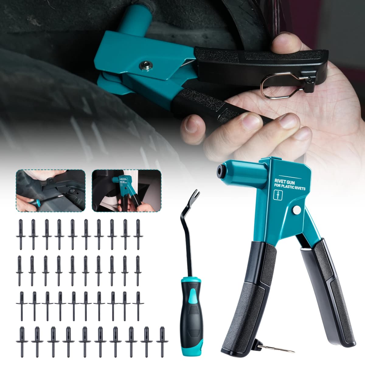 LIBRATON Plastic Rivet Gun Kit with Fastener Remover, Hand Riveter with 90-Degree Angle, 40 Nylon Rivets for Automotive Repair