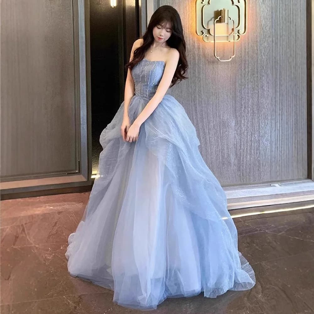 Elegant Blue Bridesmaid Dress Women's High-End Feeling Super Fairy Atmosphere Cover Belly Slimming Art Exam Princess Skirt