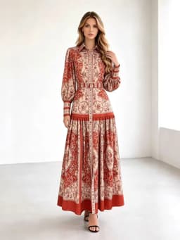 Retro Print Lantern Sleeve Long Dress Women's Waist Cinching Slimming Skirt National Style Gown Full A-Line Autumn 2026