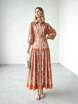 Retro Print Lantern Sleeve Long Dress Women's Waist Cinching Slimming Skirt National Style Gown Full A-Line Autumn 2026