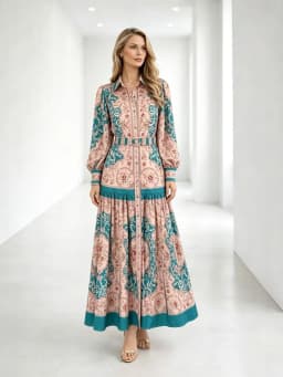Retro Print Lantern Sleeve Long Dress Women's Waist Cinching Slimming Skirt National Style Gown Full A-Line Autumn 2026