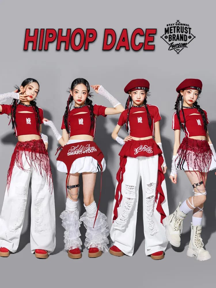 Red Jazz Dance Performance Outfit Children's Street Dance Show Costume Girls Trendy Fashion Set Kids Pants Suit Cotton Blend