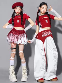 Red Jazz Dance Performance Outfit Children's Street Dance Show Costume Girls Trendy Fashion Set Kids Pants Suit Cotton Blend