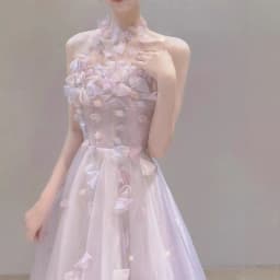 Pink Petal Bridesmaid Dress with Lace Skirt A-Line Long Gown for Summer Piano Hostess Ball Gown Elegant Personality Mesh Skirt