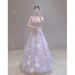 Pink Petal Bridesmaid Dress with Lace Skirt A-Line Long Gown for Summer Piano Hostess Ball Gown Elegant Personality Mesh Skirt