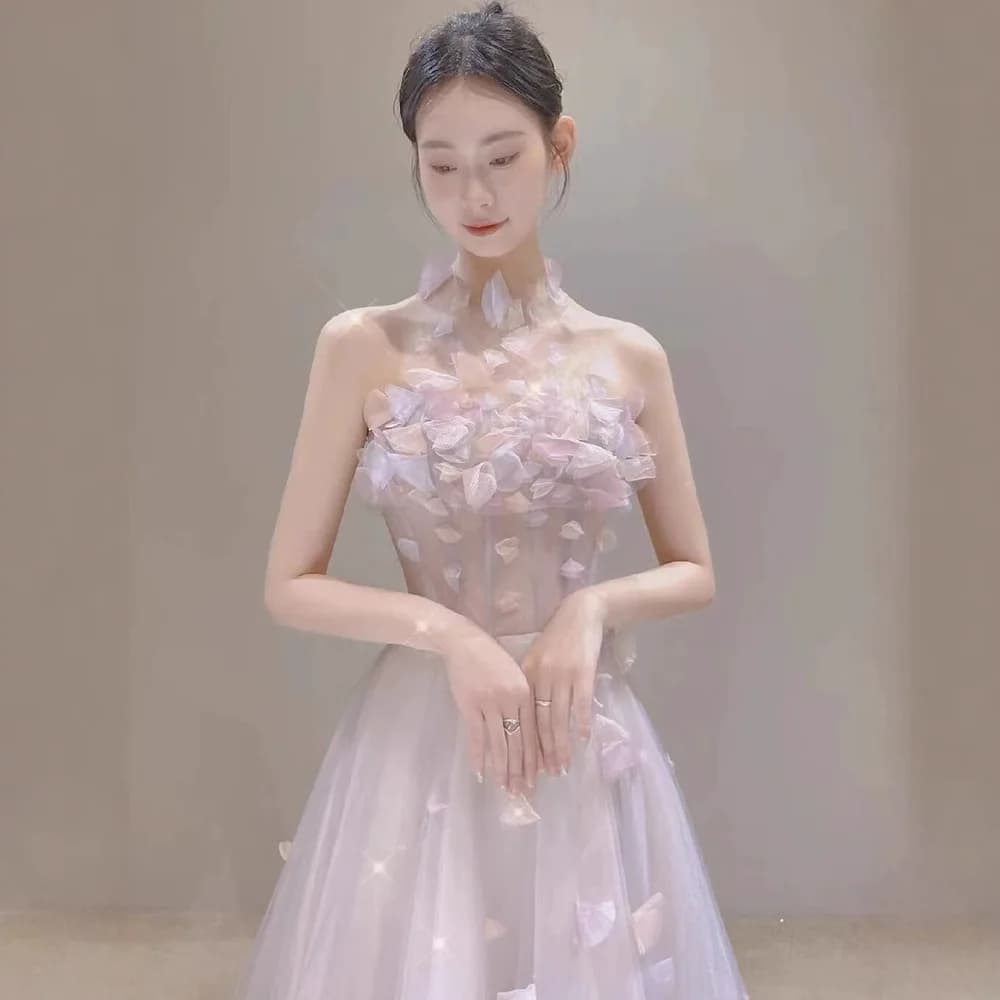 Pink Petal Bridesmaid Dress with Lace Skirt A-Line Long Gown for Summer Piano Hostess Ball Gown Elegant Personality Mesh Skirt