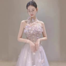 Pink Petal Bridesmaid Dress with Lace Skirt A-Line Long Gown for Summer Piano Hostess Ball Gown Elegant Personality Mesh Skirt