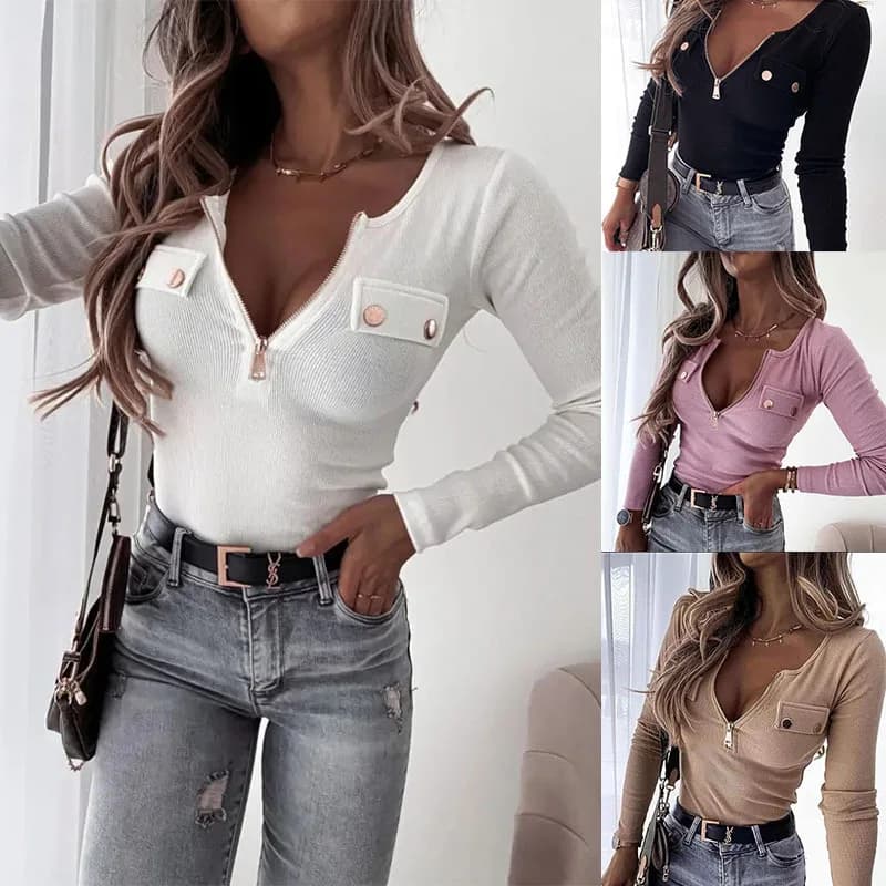 Woman's Tshirts cheap spring/summer knit solid color long sleeve zipper V neck Ladies Tops t-shirt dropshipping LTHTT7263XH