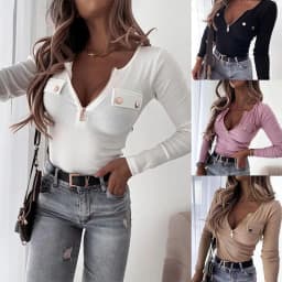 Woman's Tshirts cheap spring/summer knit solid color long sleeve zipper V neck Ladies Tops t-shirt dropshipping LTHTT7263XH