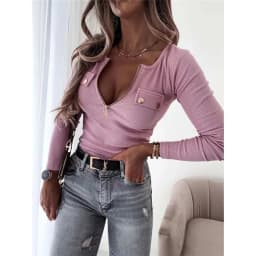 Woman's Tshirts cheap spring/summer knit solid color long sleeve zipper V neck Ladies Tops t-shirt dropshipping LTHTT7263XH