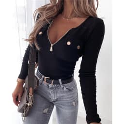 Woman's Tshirts cheap spring/summer knit solid color long sleeve zipper V neck Ladies Tops t-shirt dropshipping LTHTT7263XH