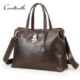 CONTACT'S Genuine Leather Business Bags for Men Metal Frame Doctor Bag Briefcase Shoulder Tote Laptop Bags for 14“ Macbook Pro