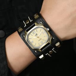 Men's Vintage Hip Hop Punk Quartz Watch - Handmade Rivet Genuine Leather Strap Fashion Accessory