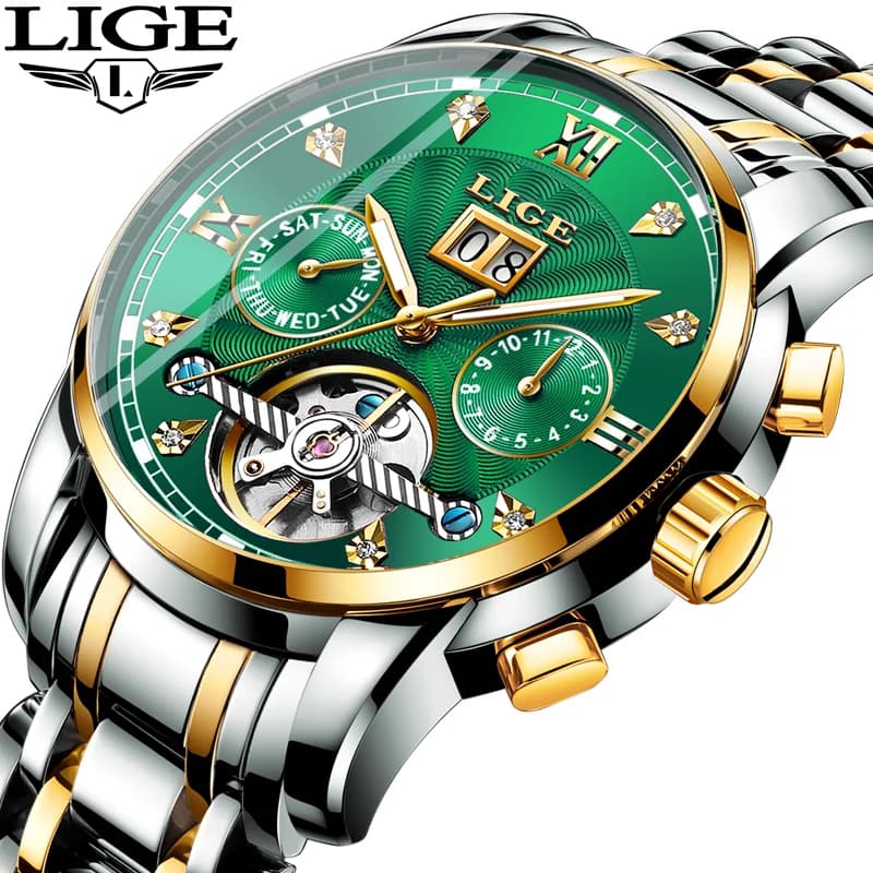 LIGE Automatic Watch for Men Top Original Luxury Skeleton Flywheel Mechanical Wristwatches Classic Calendar Business Man Watch