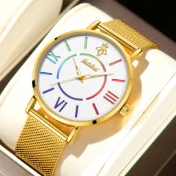 YaLaLuSi Rainbow Roman Numeral Men’s and Women’s Watches with Steel Straps – Quartz Wristwatches – Couples’ Watches – Gifts