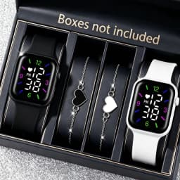 4-Piece Set of Cute and Stylish Electronic Watches for Couples, Paired with a Black and White Butterfly Bracelet Set, Suitable for Couples, Casual and Versatile, a Great Choice as a Gift