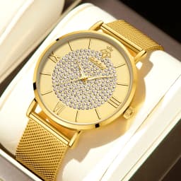 YaLaLuSi Fashionable Diamond-Set Dial Watches for Men and Women; Roman Numeral Mesh Strap Couple’s Watches Reloj