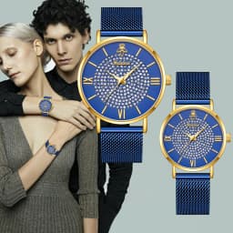 YaLaLuSi Fashionable Diamond-Set Dial Watches for Men and Women; Roman Numeral Mesh Strap Couple’s Watches Reloj