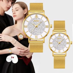 YaLaLuSi Fashionable Diamond-Set Dial Watches for Men and Women; Roman Numeral Mesh Strap Couple’s Watches Reloj