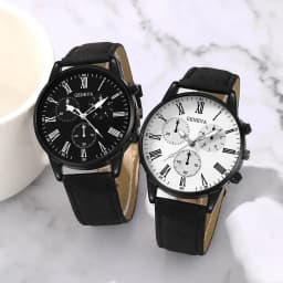2PCS Men's three eyed business casual trendy belt quartz watch high-end atmospheric watch large dial