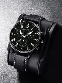2PCS Men's three eyed business casual trendy belt quartz watch high-end atmospheric watch large dial