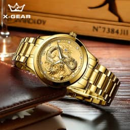 X-GEAR Top Luxury Fashion Ultra-Thin Men Watch Quartz Dragon Pattern Luminous Gold Color Stainless Steel Band Classics Men Watch