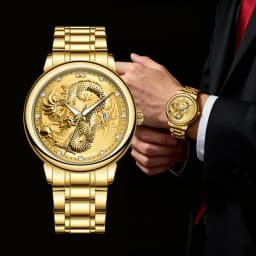 X-GEAR Top Luxury Fashion Ultra-Thin Men Watch Quartz Dragon Pattern Luminous Gold Color Stainless Steel Band Classics Men Watch