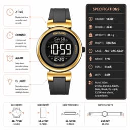 SKMEI 2633 Sports Digital Watches For Men Women 5Bar Waterproof Fashion Wristwatches EL Light Week Date Display Countdown Chrono